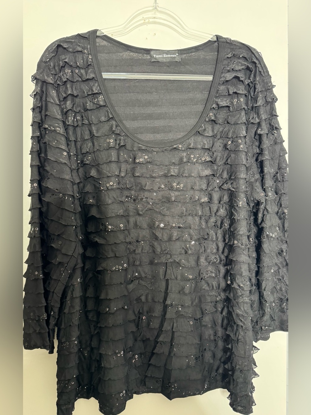 Textured Black Sequin Ruffle Long-Sleeve Blouse size 2x sequins stretch (18/20)